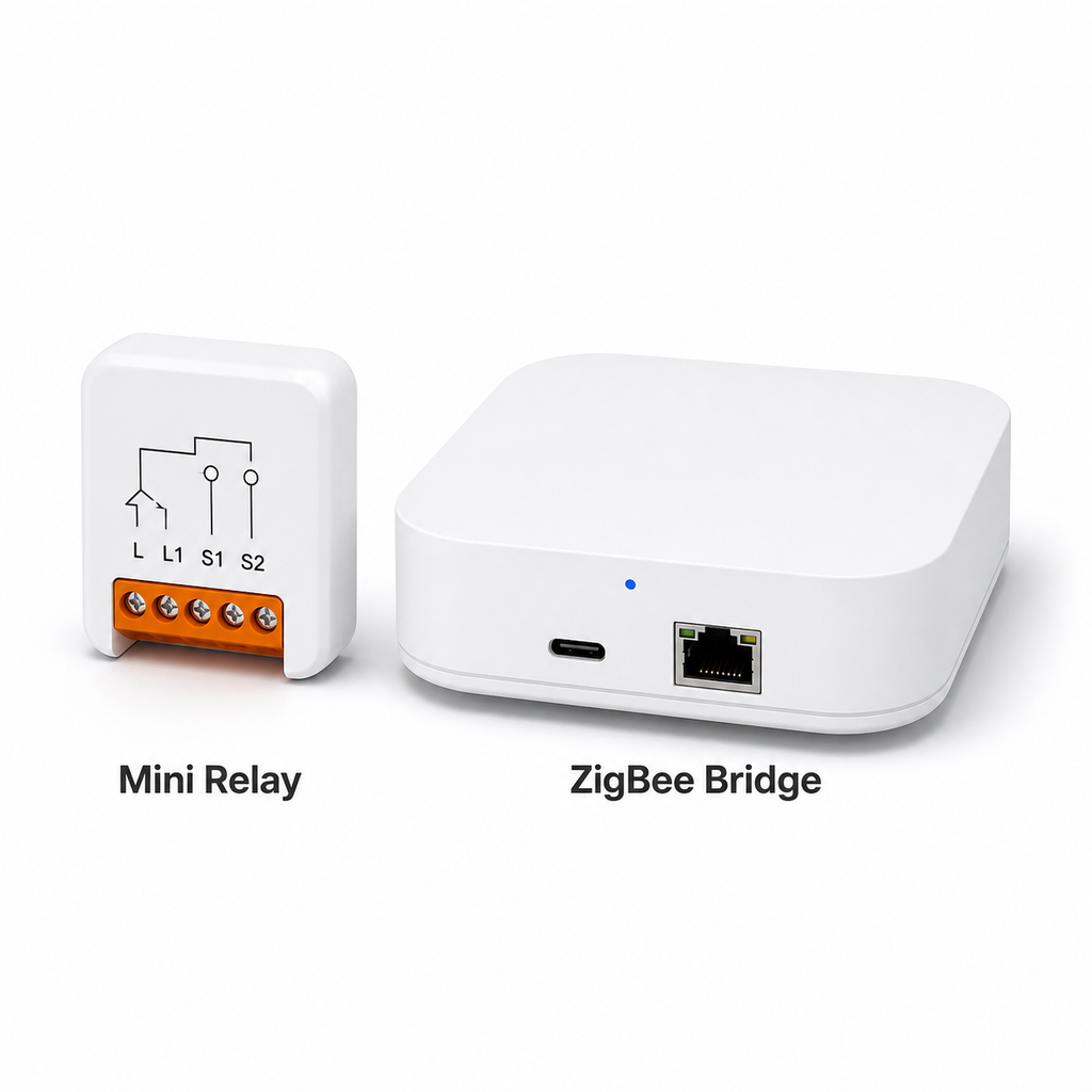 Studio kit packshot with ZigBee mini relay and bridge