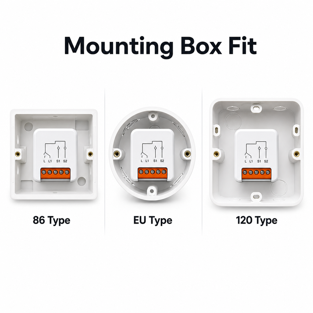 Mounting box compatibility for compact ZigBee no-neutral relay