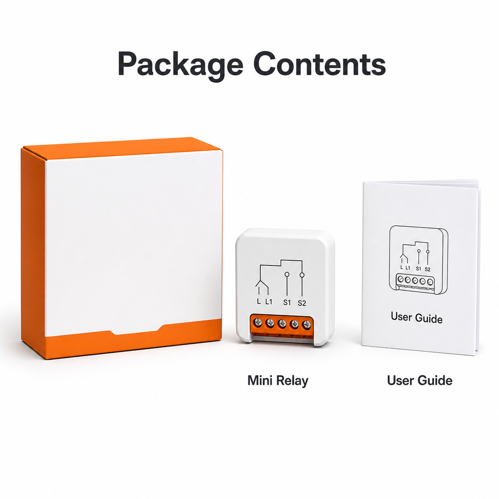 Package contents for ZigBee no-neutral mini relay module