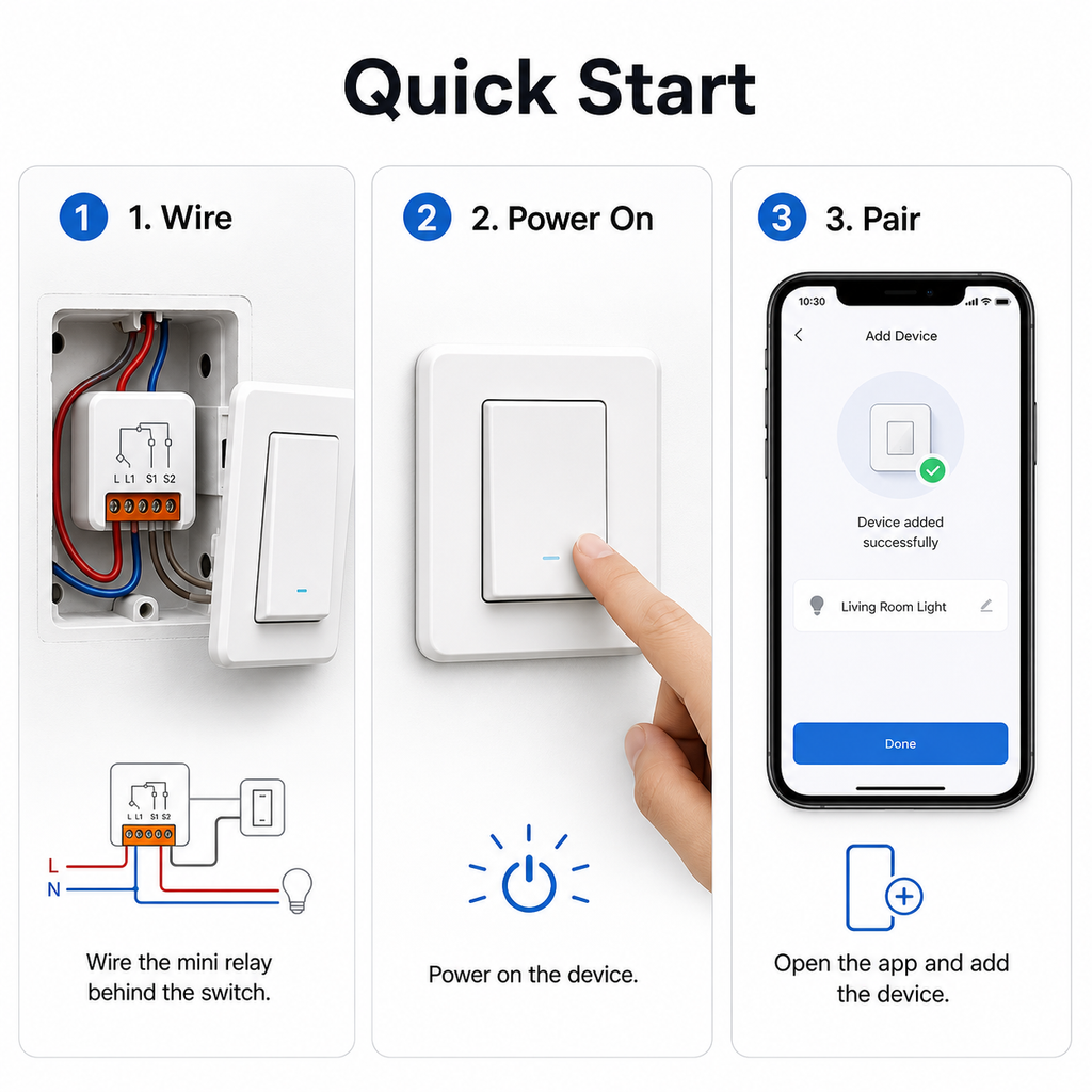 Quick start setup steps for ZigBee no-neutral mini relay