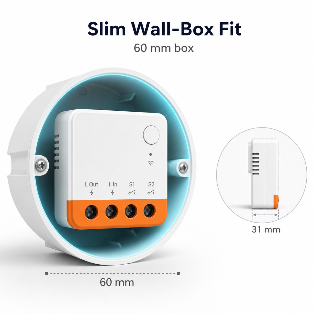 Slim wall-box fit view for compact ZigBee mini relay