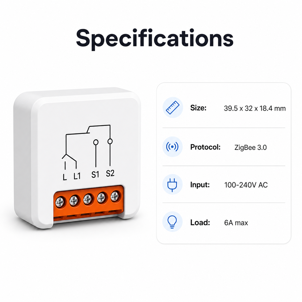 Specifications and dimensions for ZigBee no-neutral mini relay
