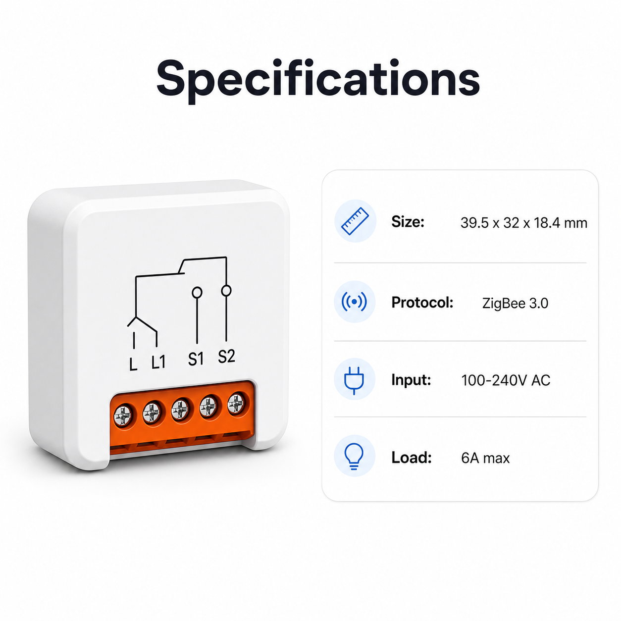 Specifications and dimensions for ZigBee no-neutral mini relay