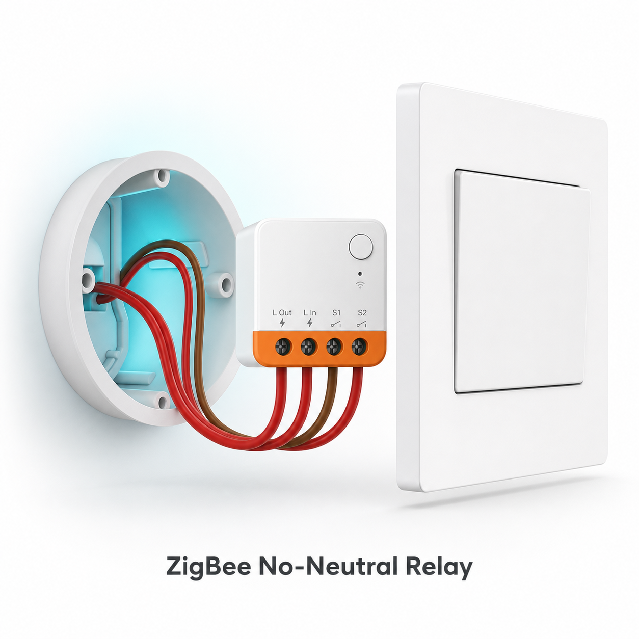 Studio packshot of ZigBee no-neutral relay inside a wall box
