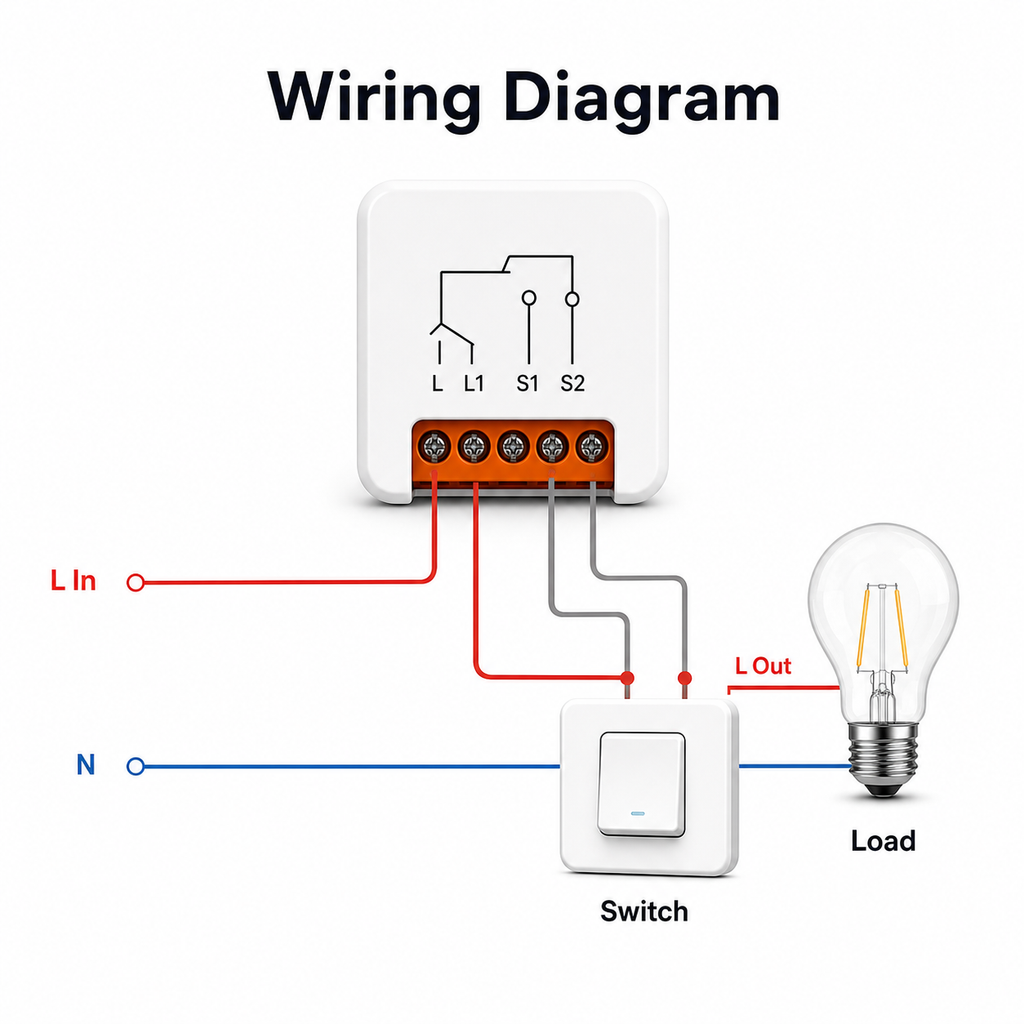 Simple wiring diagram for no-neutral ZigBee mini relay