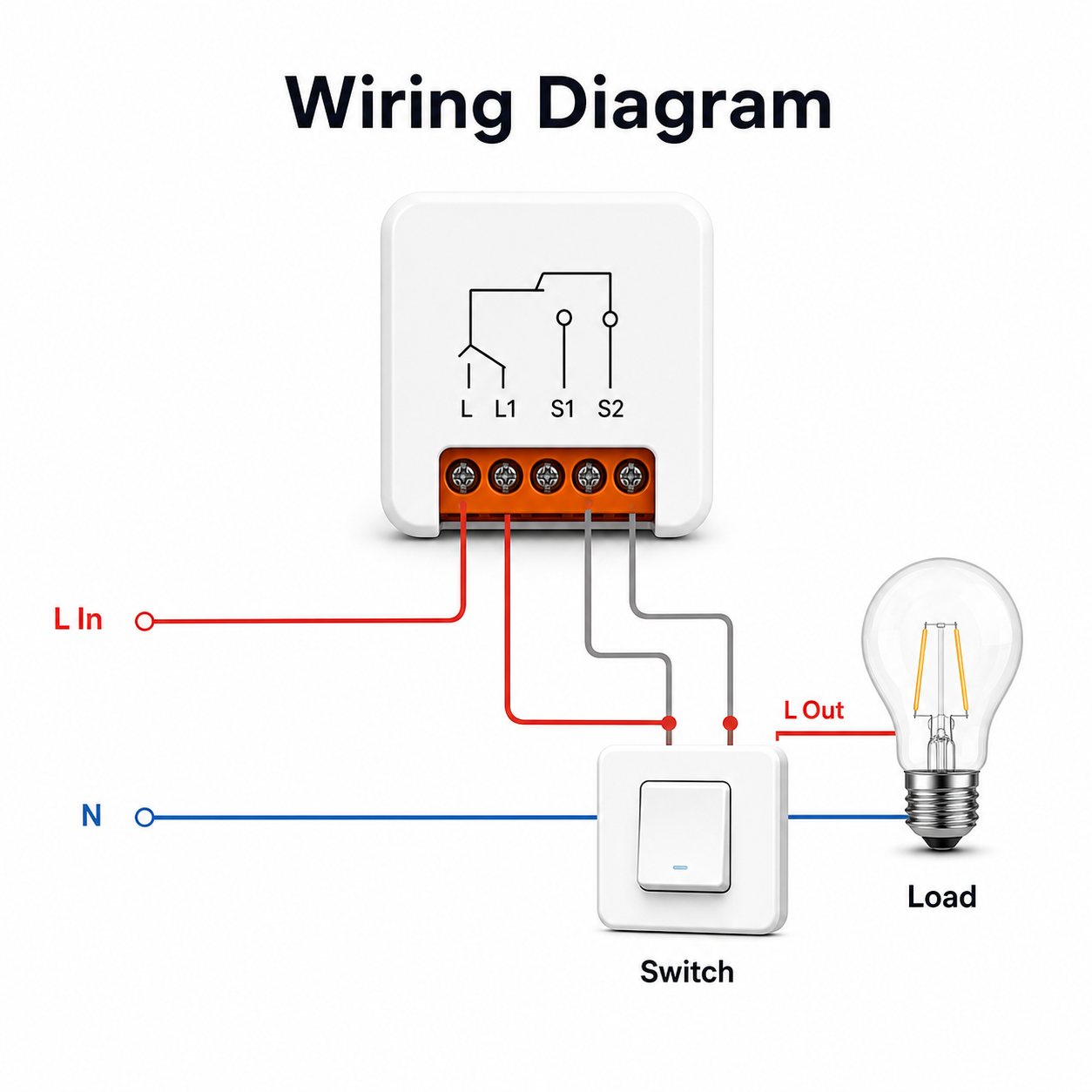 Simple wiring diagram for no-neutral ZigBee mini relay