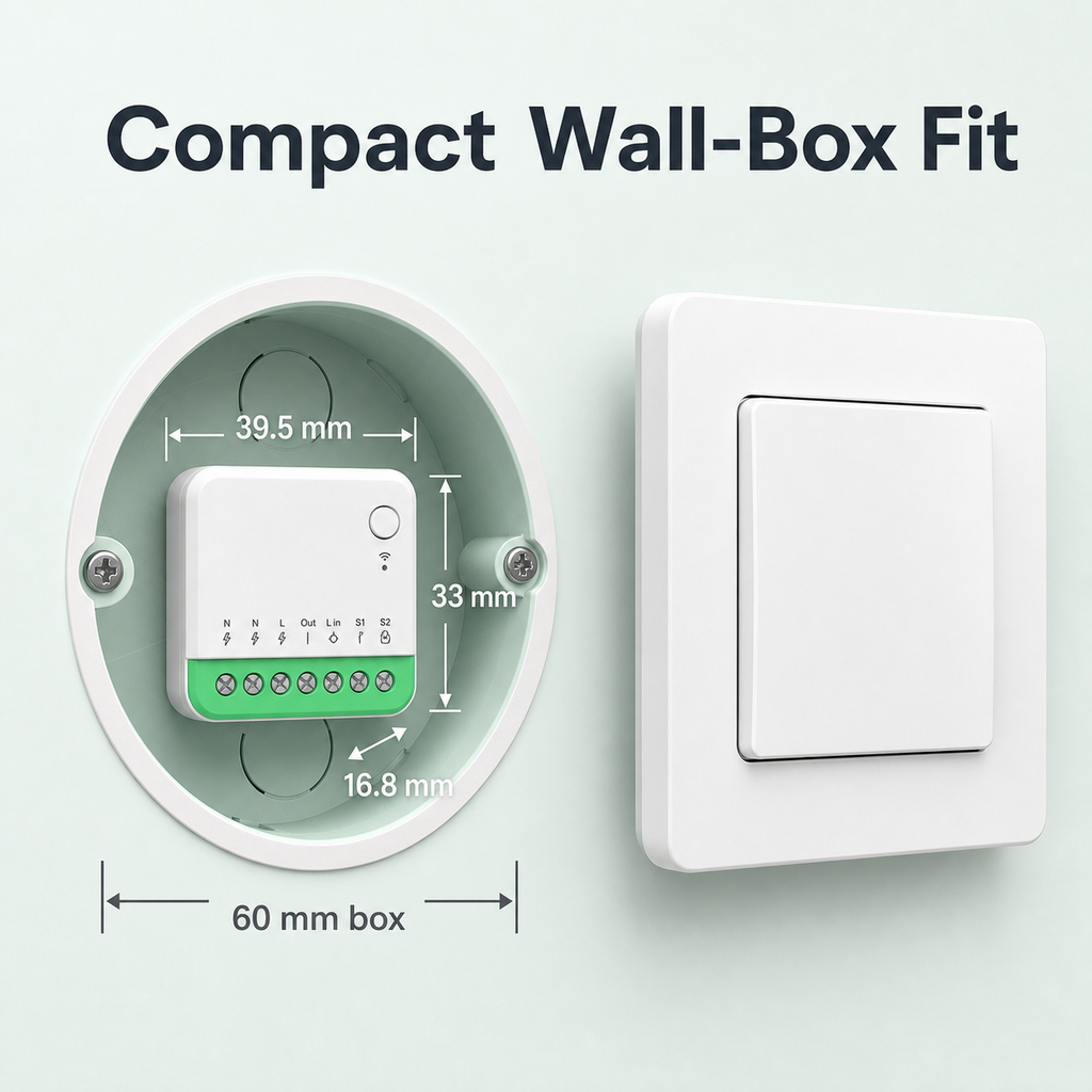 Compact wall-box fit dimensions for mini Matter Wi-Fi switch module