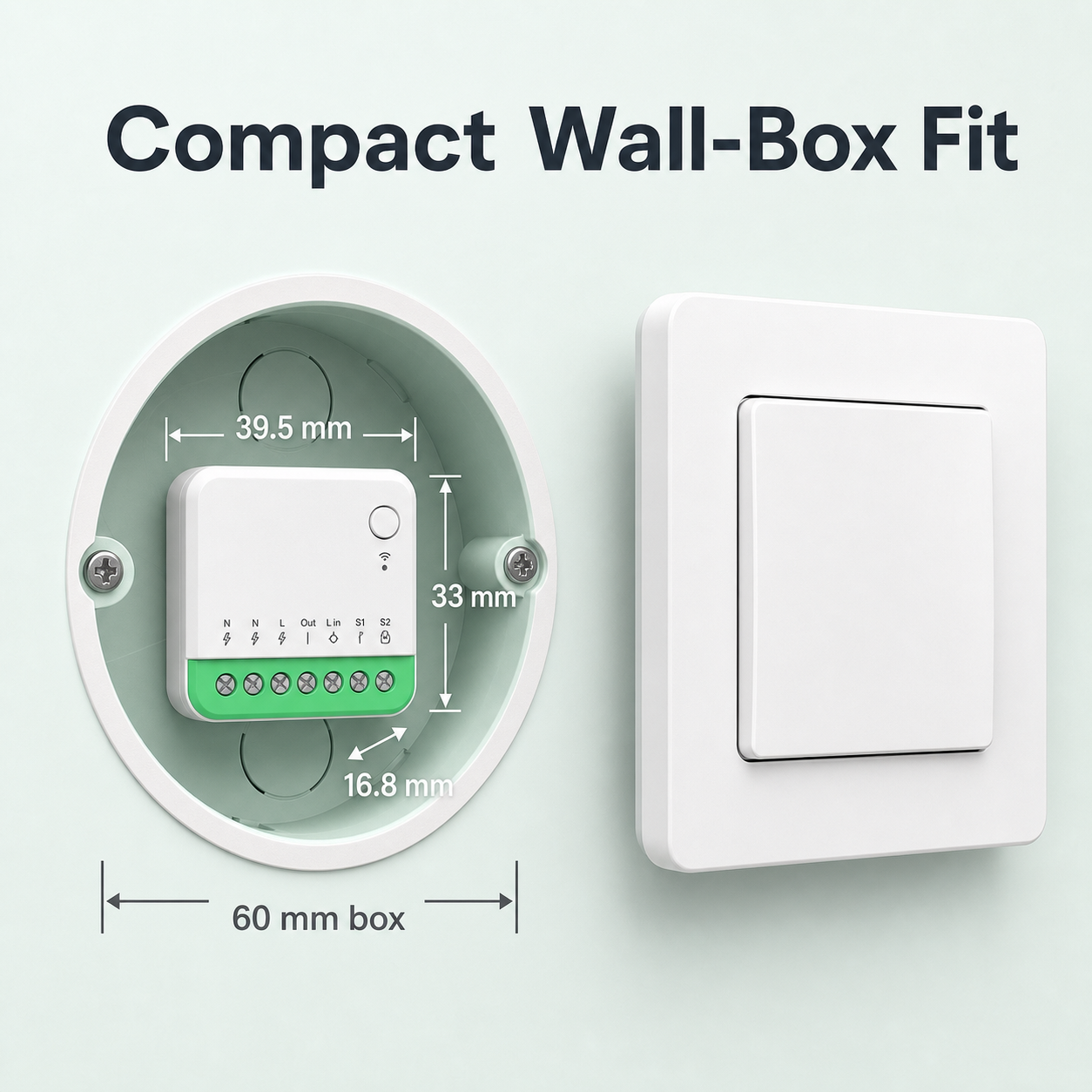 Compact wall-box fit dimensions for mini Matter Wi-Fi switch module