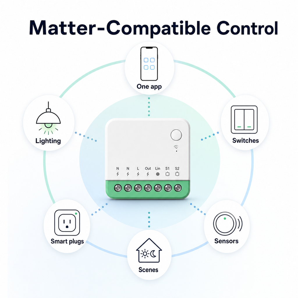 Matter-compatible control overview for mini Wi-Fi switch module with generic device icons