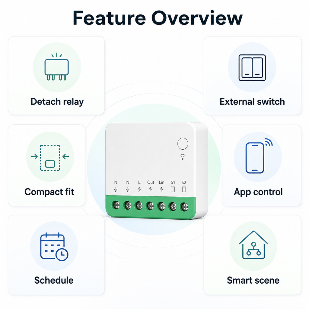 Feature overview for mini Matter Wi-Fi switch module with detach relay, external switch, schedule and scenes