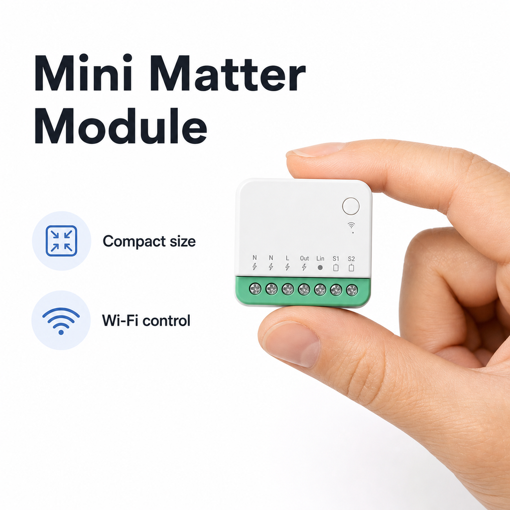 Handheld compact mini Matter Wi-Fi switch module showing its small size