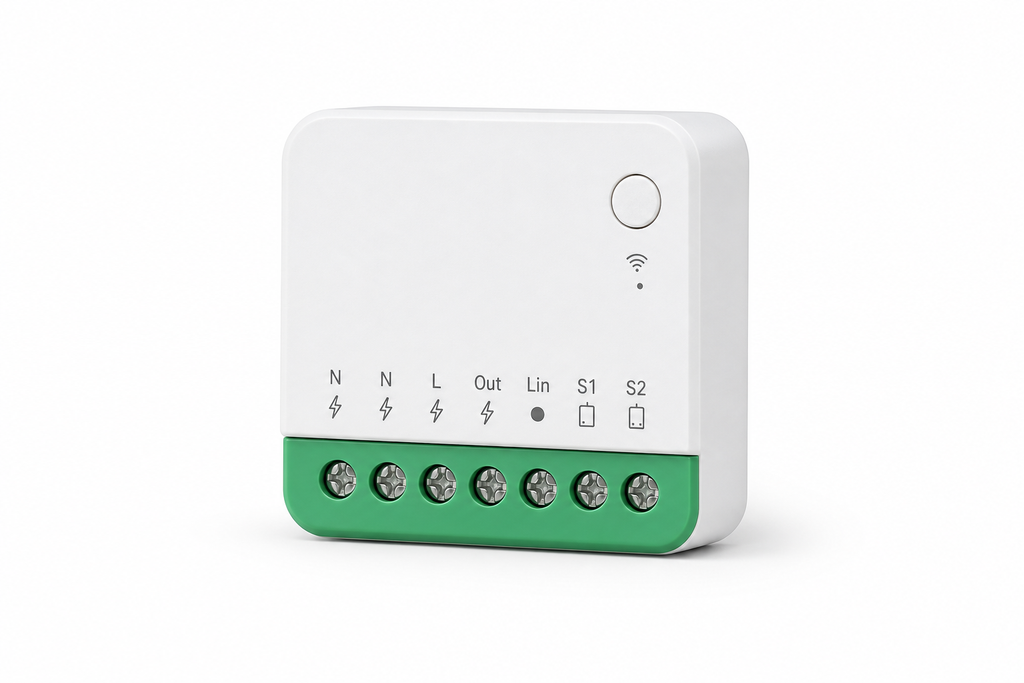 NéoRelay Mini Matter Pro compact Wi-Fi switch module on a white studio background