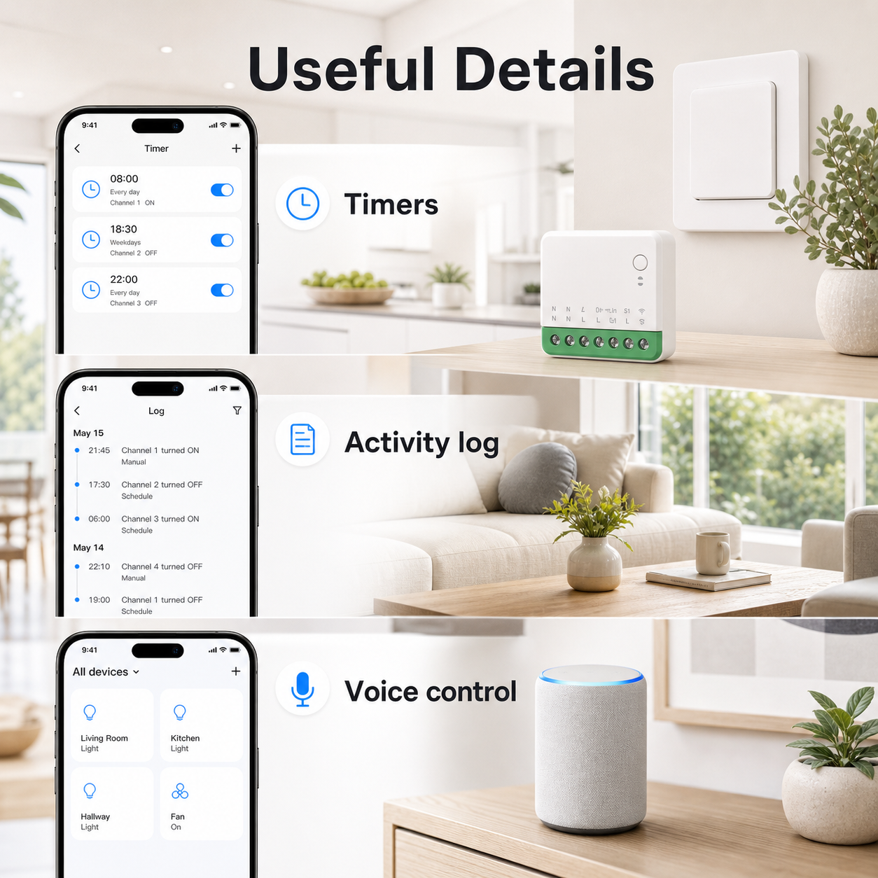 Useful details for mini Matter Wi-Fi switch module including timers, activity log and voice control