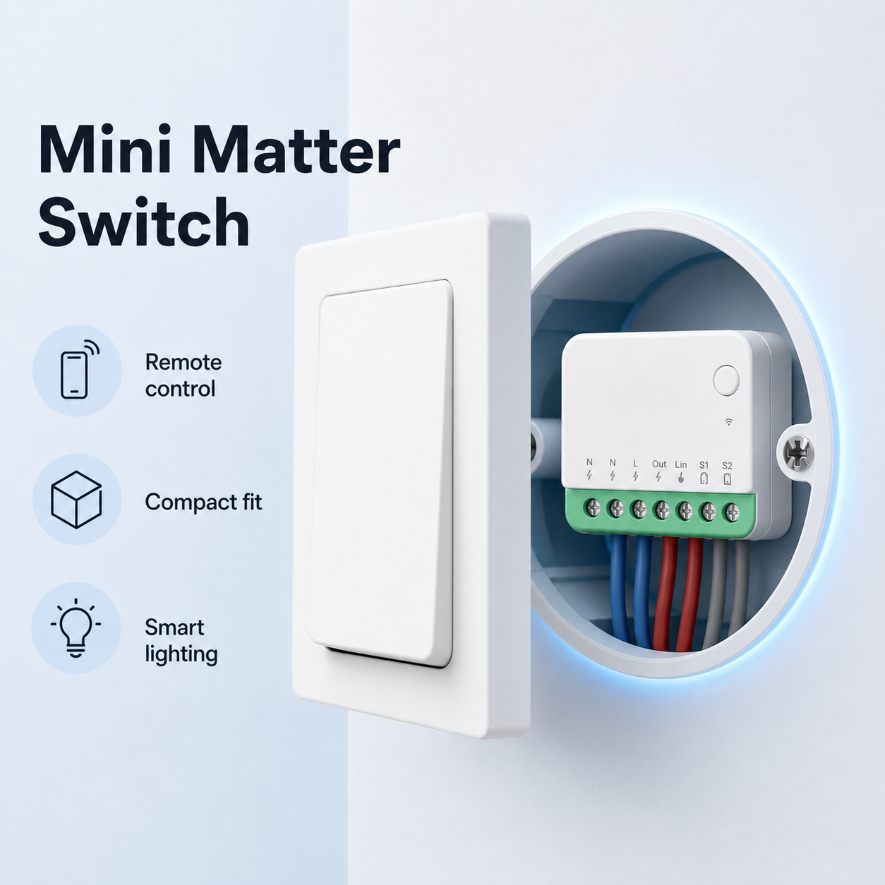 Mini Matter Wi-Fi switch module installed inside a wall box behind a switch plate