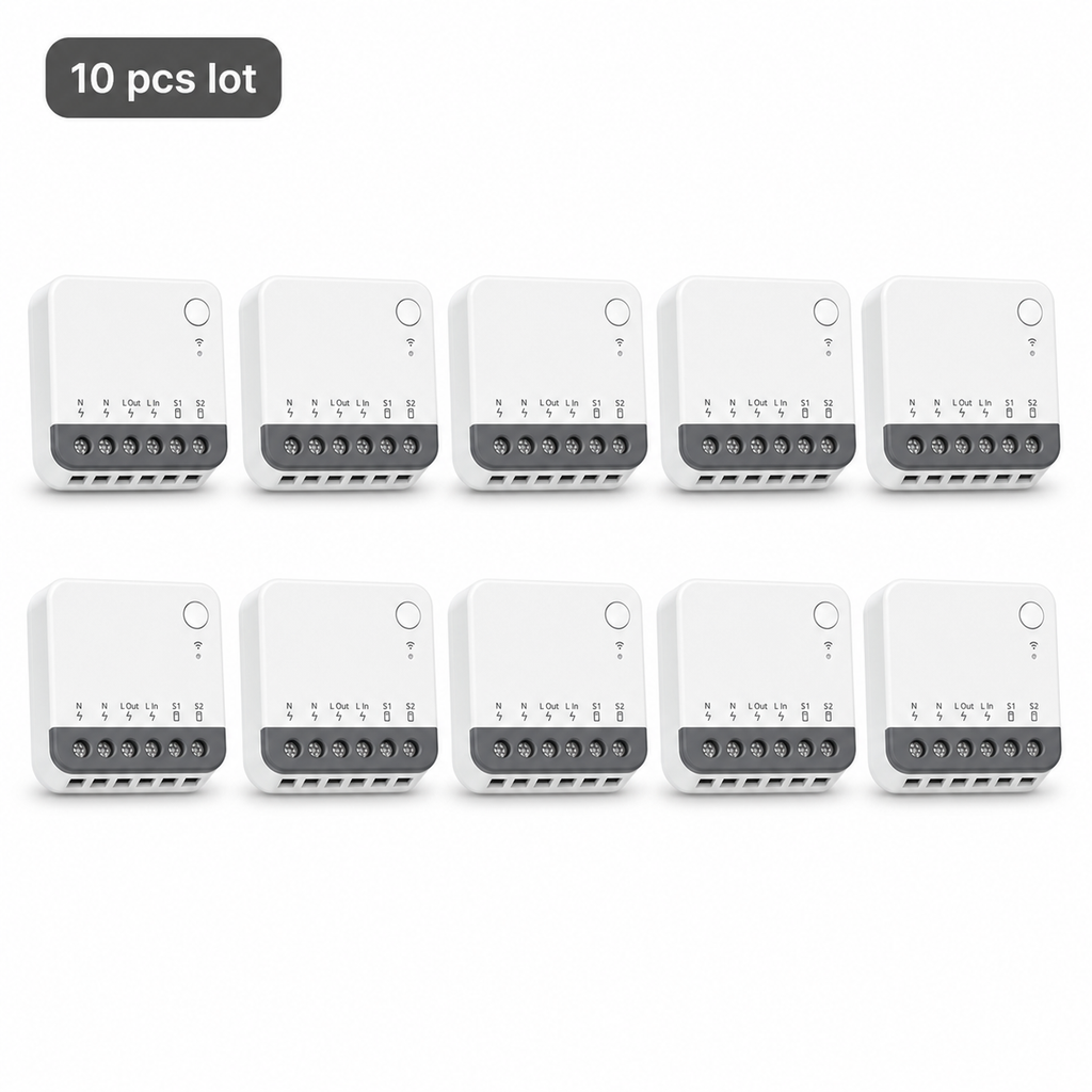 Studio packshot of ten compact Zigbee mini relay modules in a 10 pcs lot