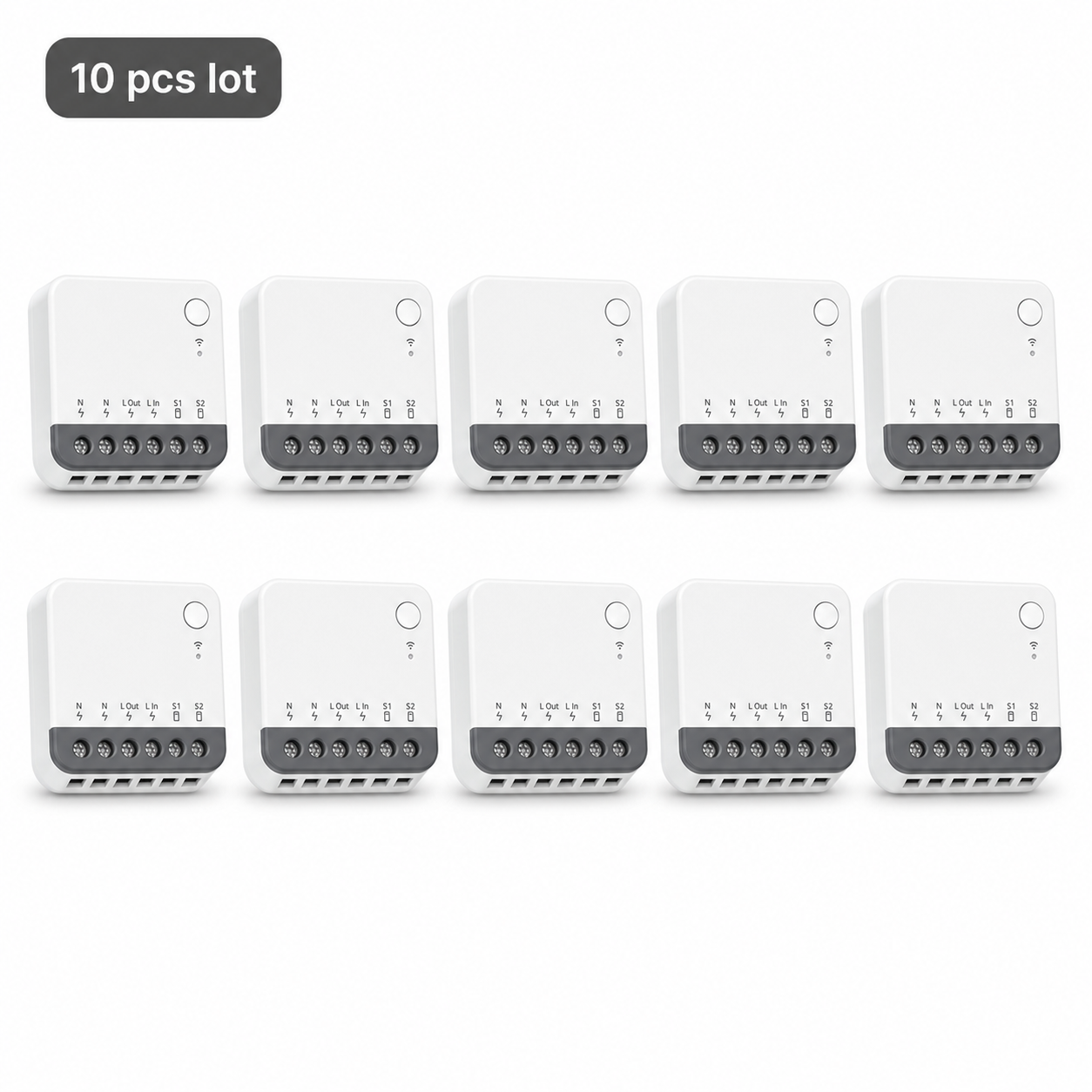 Studio packshot of ten compact Zigbee mini relay modules in a 10 pcs lot