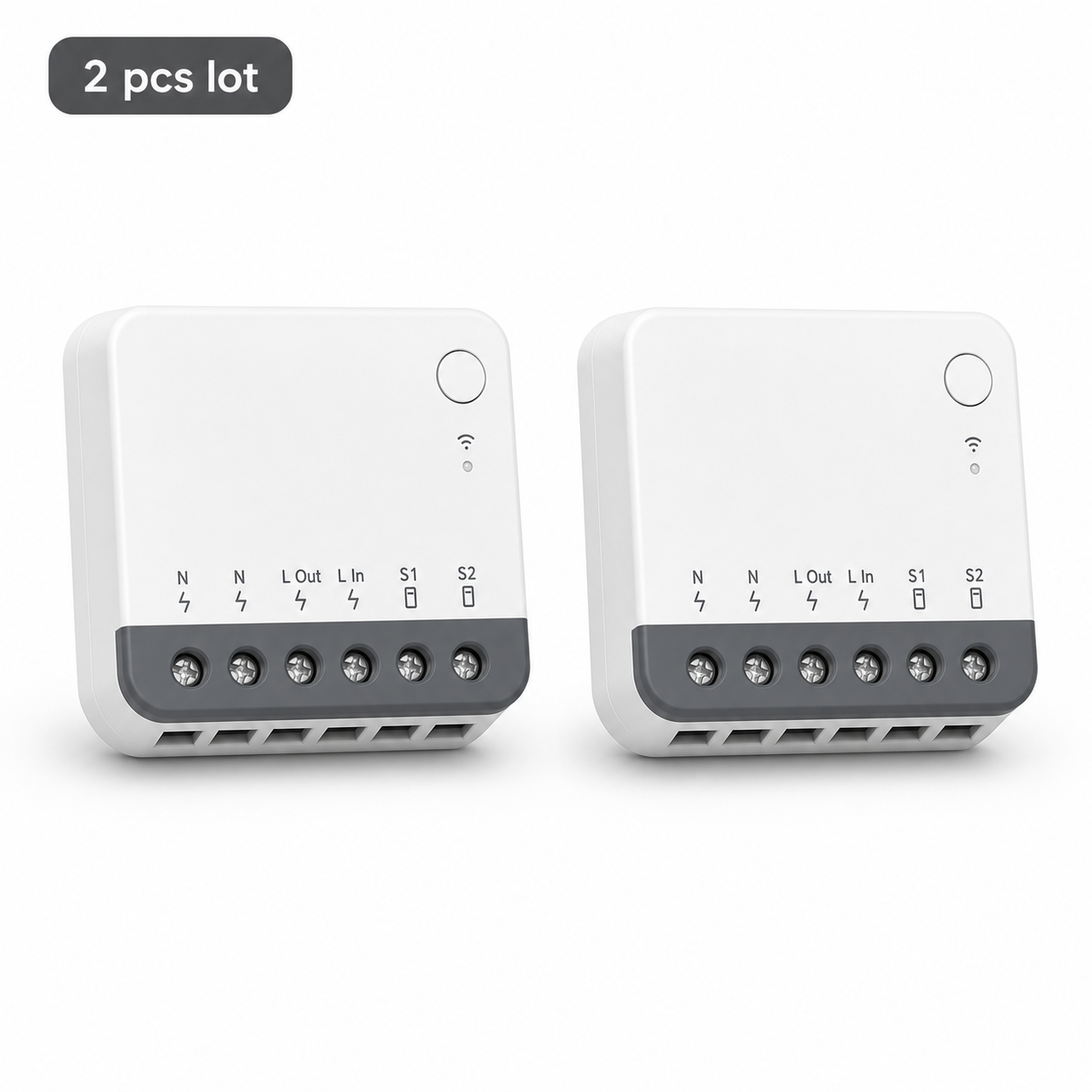 Studio packshot of two compact Zigbee mini relay modules in a 2 pcs lot
