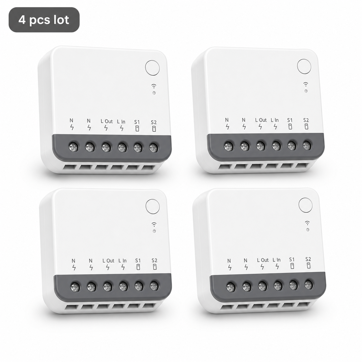 Studio packshot of four compact Zigbee mini relay modules in a 4 pcs lot