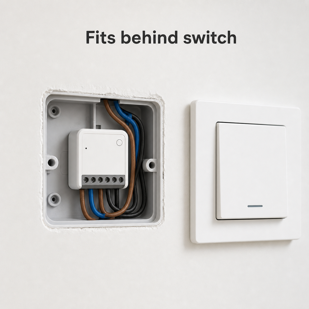 Zigbee mini relay module installed behind a wall switch in a flush box
