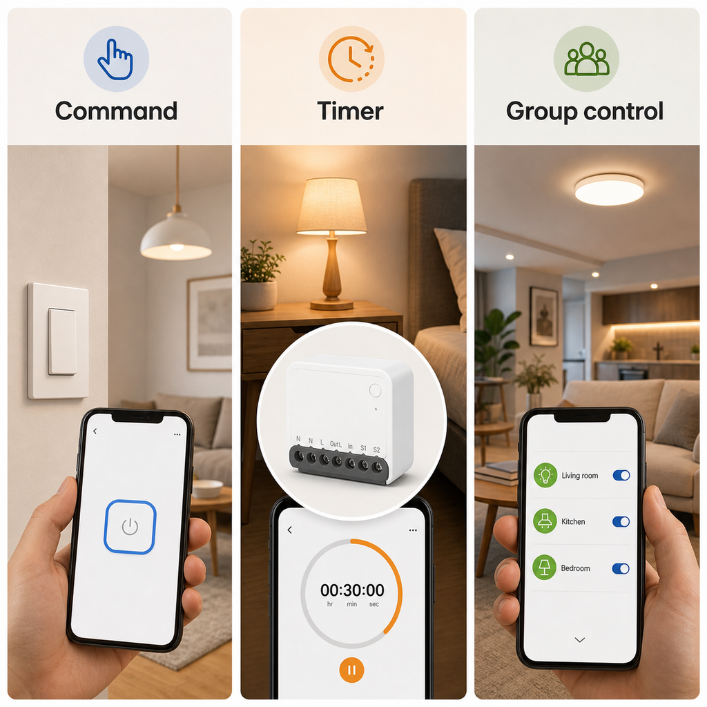 Command timer group control and scenes overview for Zigbee mini relay module