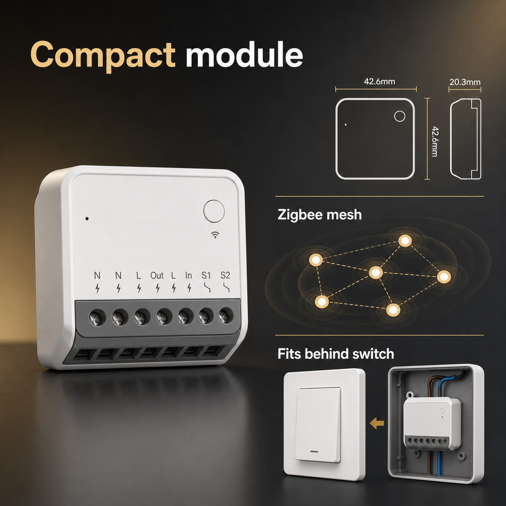 Compact Zigbee mini relay module feature image with mesh signal and behind switch installation concept