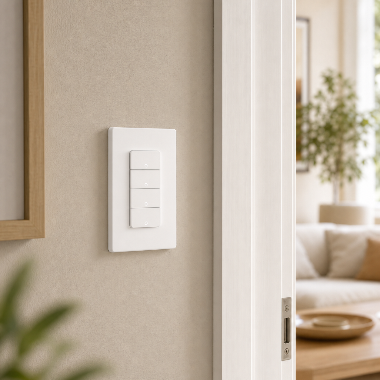 Modern home scene showing wall switch automation with a Zigbee mini relay module