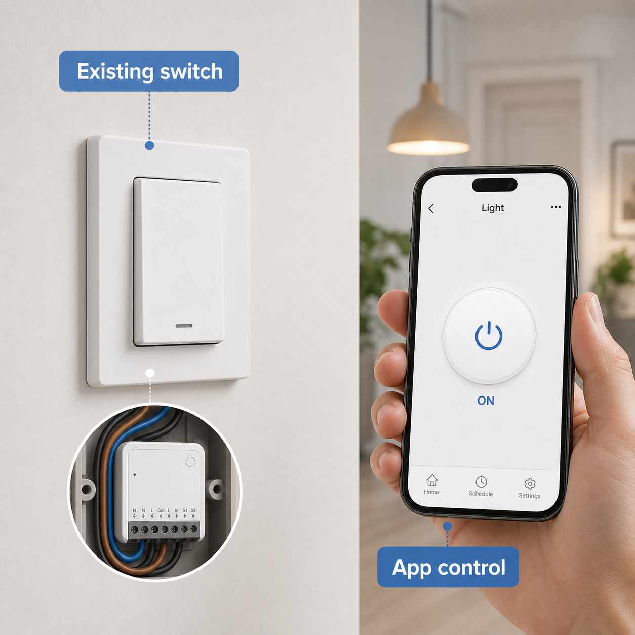 Existing wall switch and mobile app control concept for Zigbee mini relay module