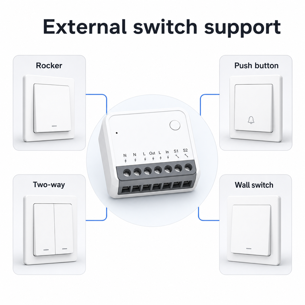 External switch support overview for Zigbee mini relay module with rocker push button and wall switch controls
