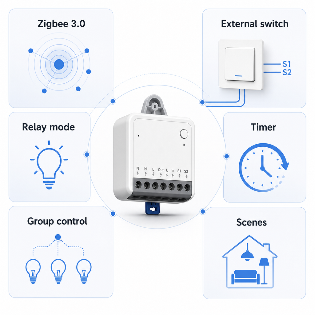 Feature grid for Zigbee mini relay module with external switch relay mode timer group control and scenes