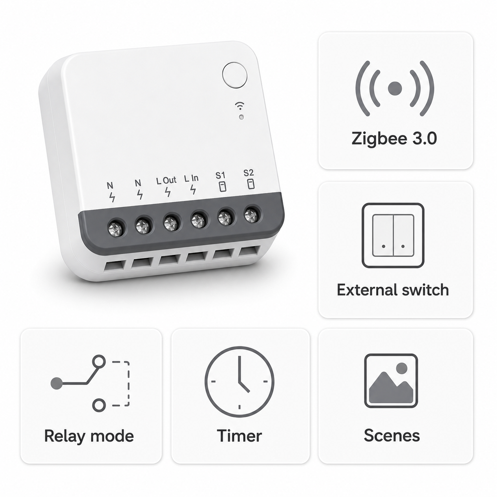 Simple feature overview for Zigbee mini relay module with timer scenes and external switch support