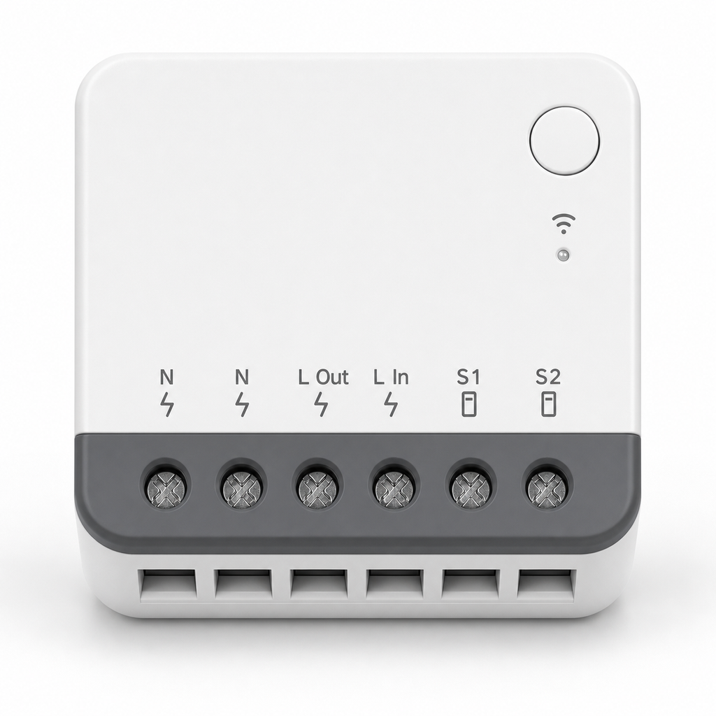 Close front packshot of compact Zigbee mini relay module showing terminal markings and gray terminal strip