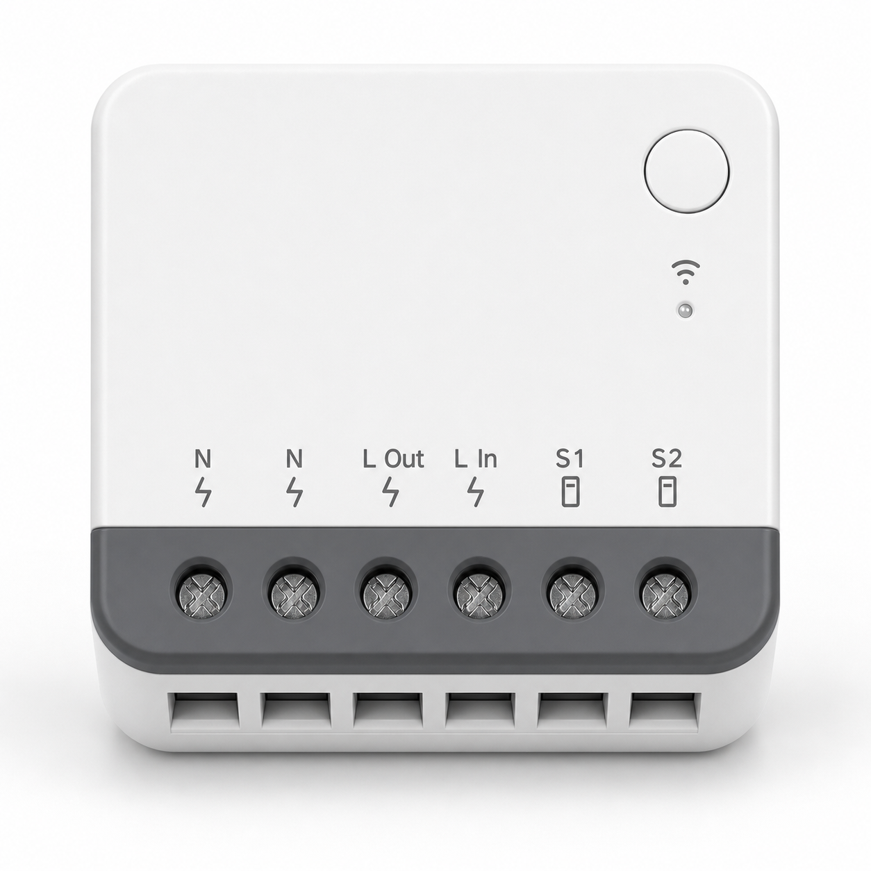 Close front packshot of compact Zigbee mini relay module showing terminal markings and gray terminal strip