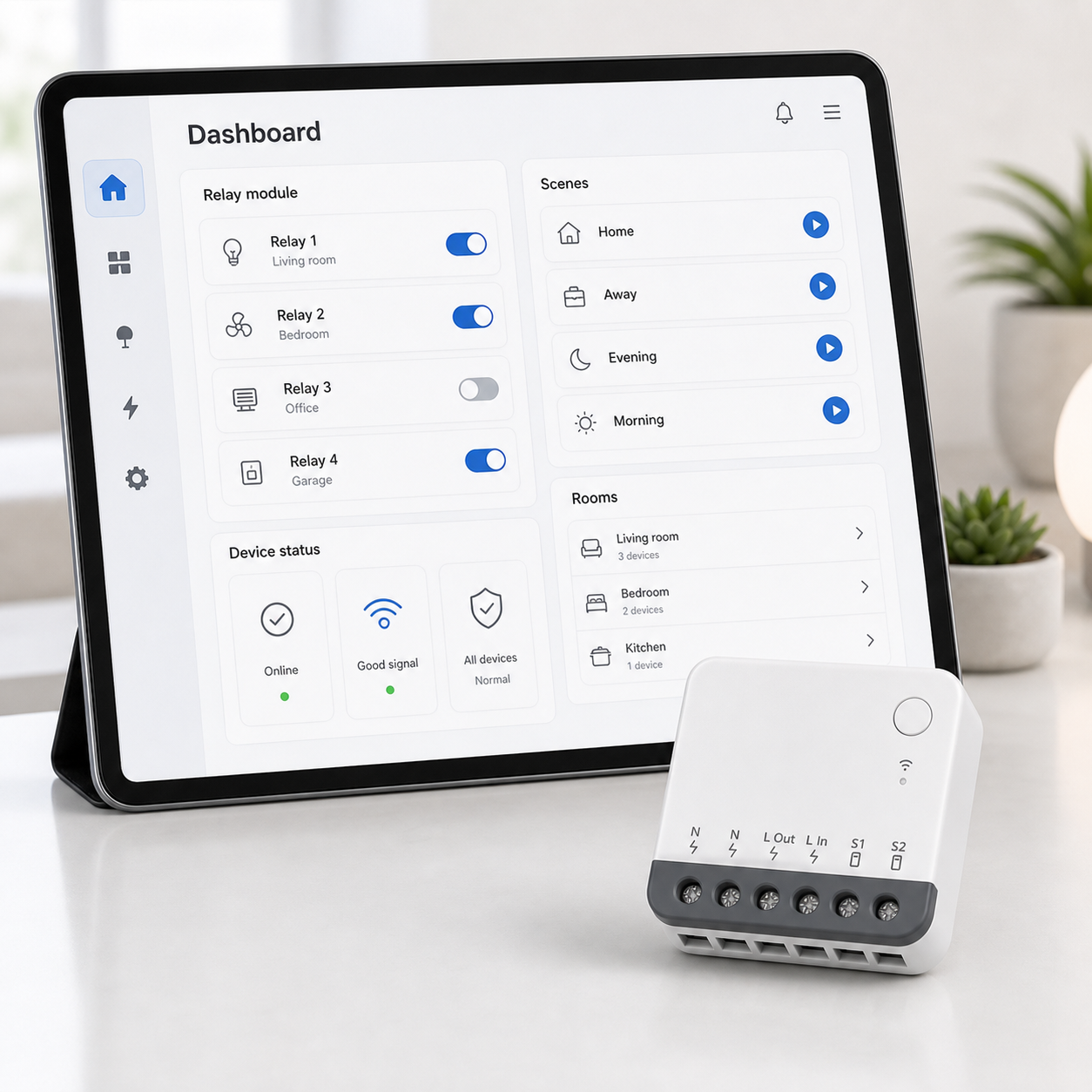 Generic smart home dashboard control screen beside a compact Zigbee mini relay module