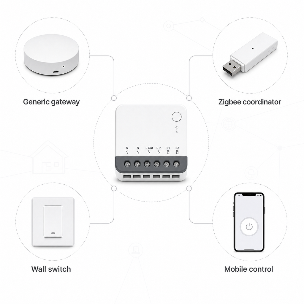 Generic Zigbee gateway coordinator wall switch and mobile control compatibility image for mini relay module