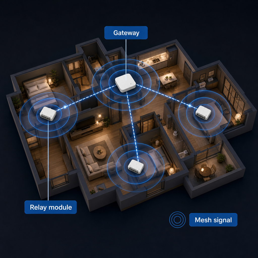 Home mesh coverage illustration with Zigbee gateway and relay modules connected across rooms