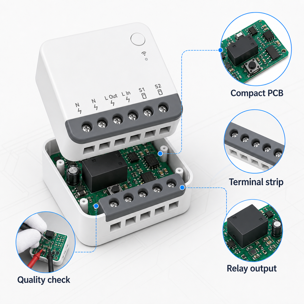 Internal component and quality check overview for compact Zigbee mini relay module