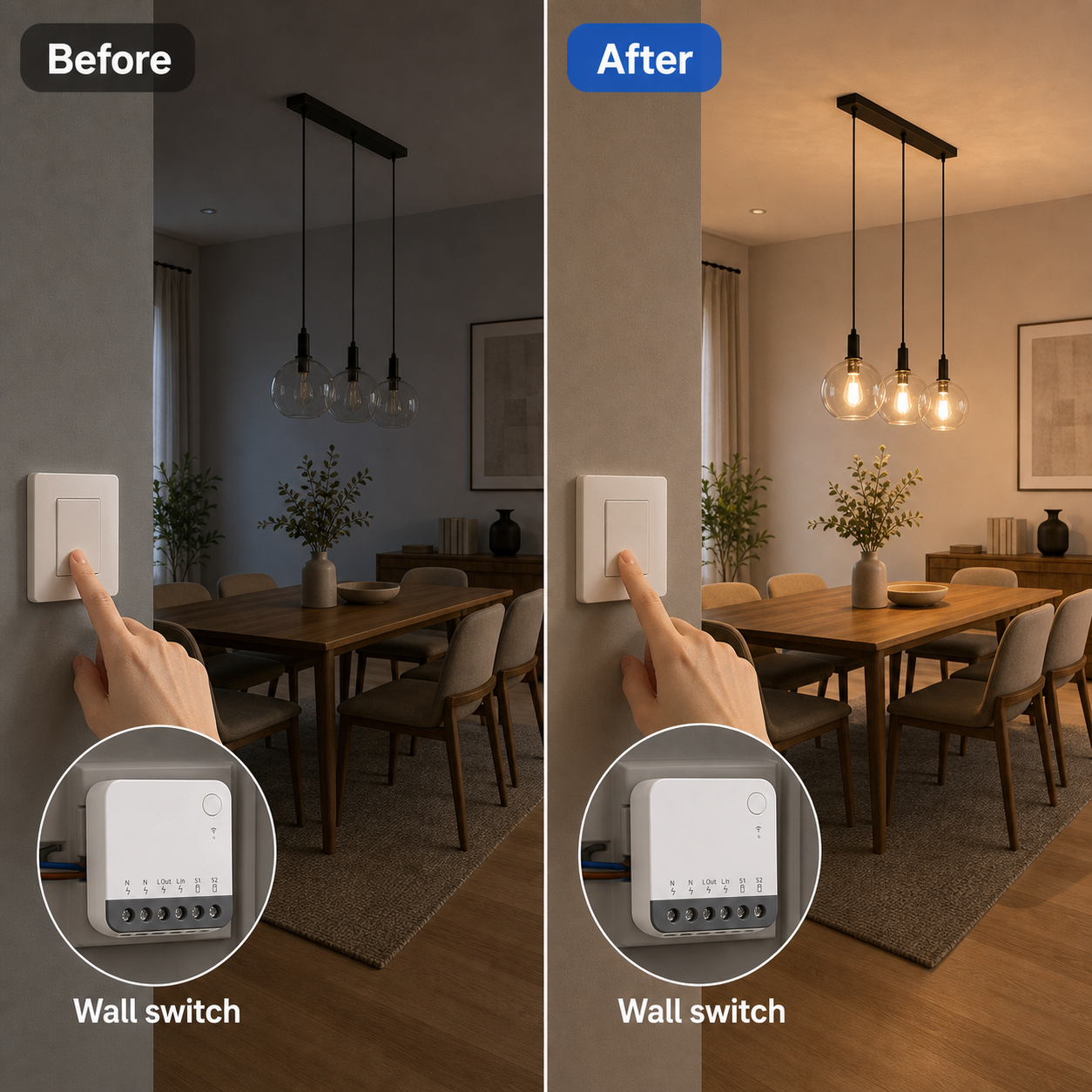 Before and after wall switch lighting control scene with Zigbee mini relay module inset