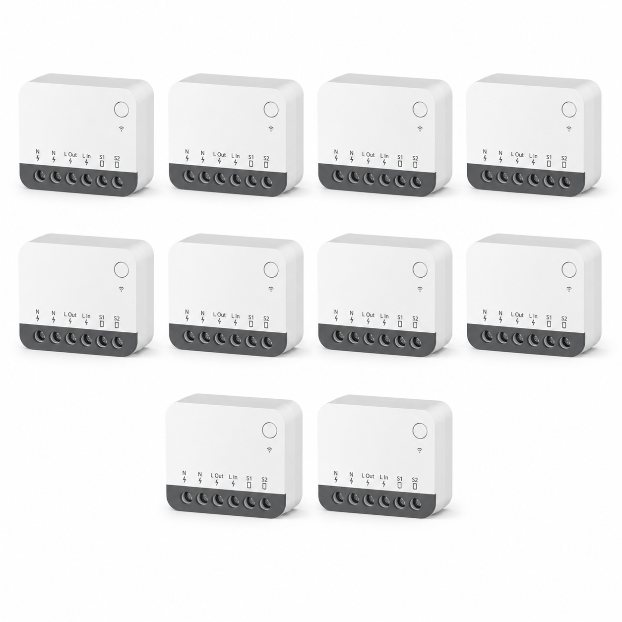 Modules relais ZigBee NéoRelay Mini R2 Pro en lot de 10 sur fond blanc