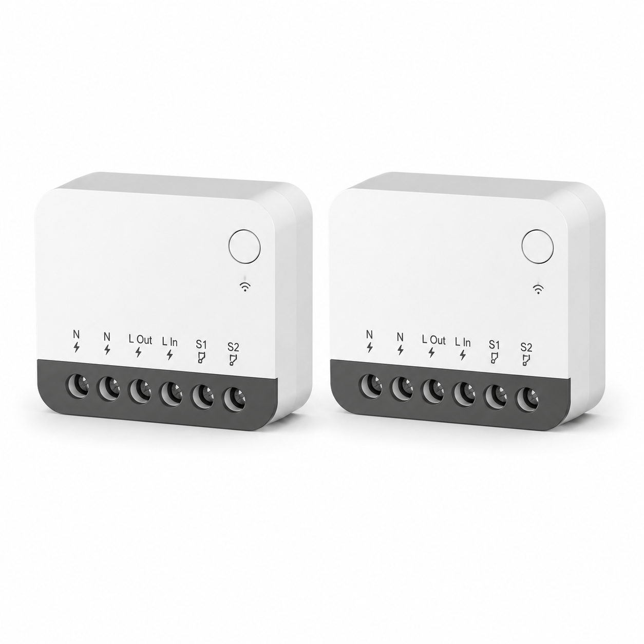 Modules relais ZigBee NéoRelay Mini R2 Pro en lot de 2 sur fond blanc