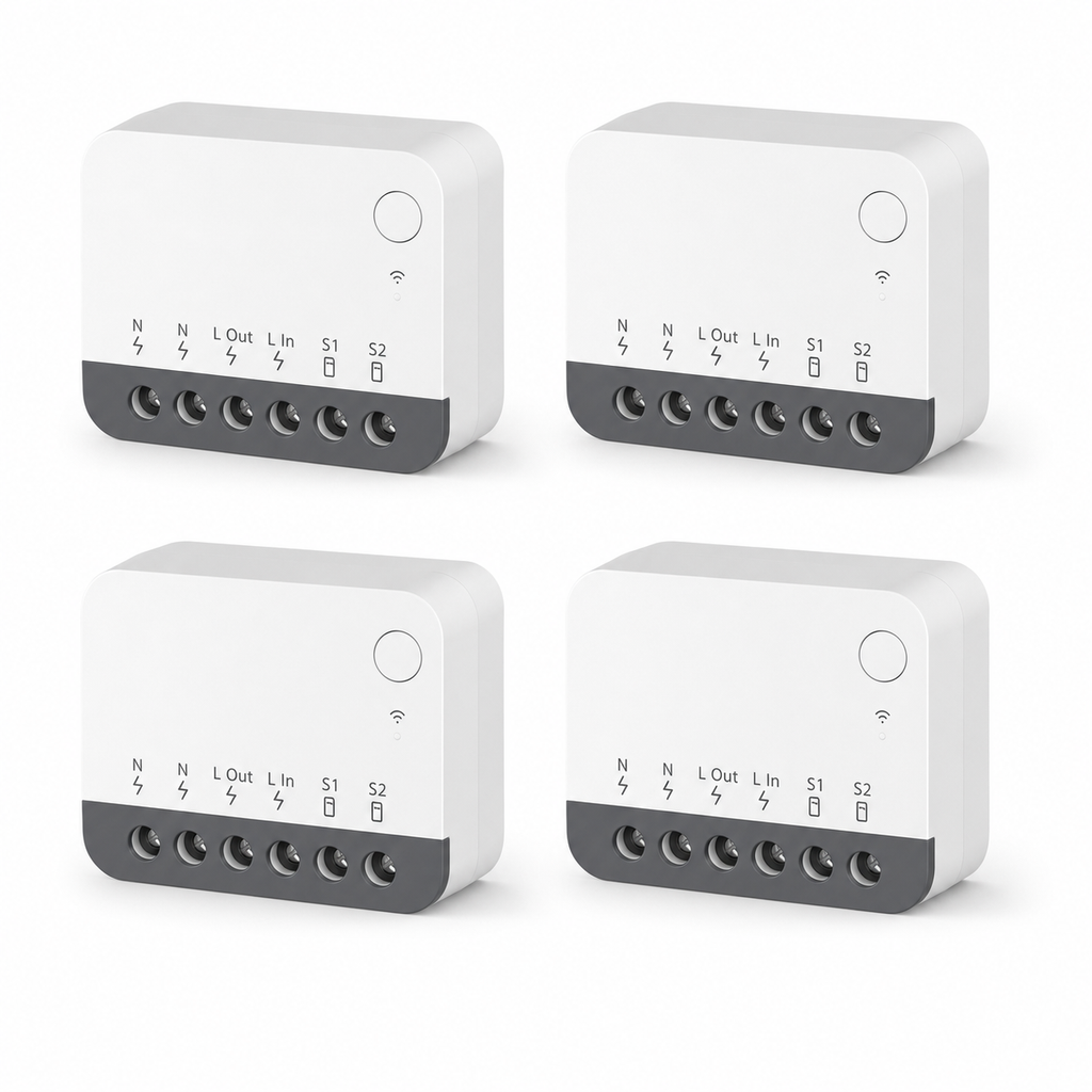 Modules relais ZigBee NéoRelay Mini R2 Pro en lot de 4 sur fond blanc