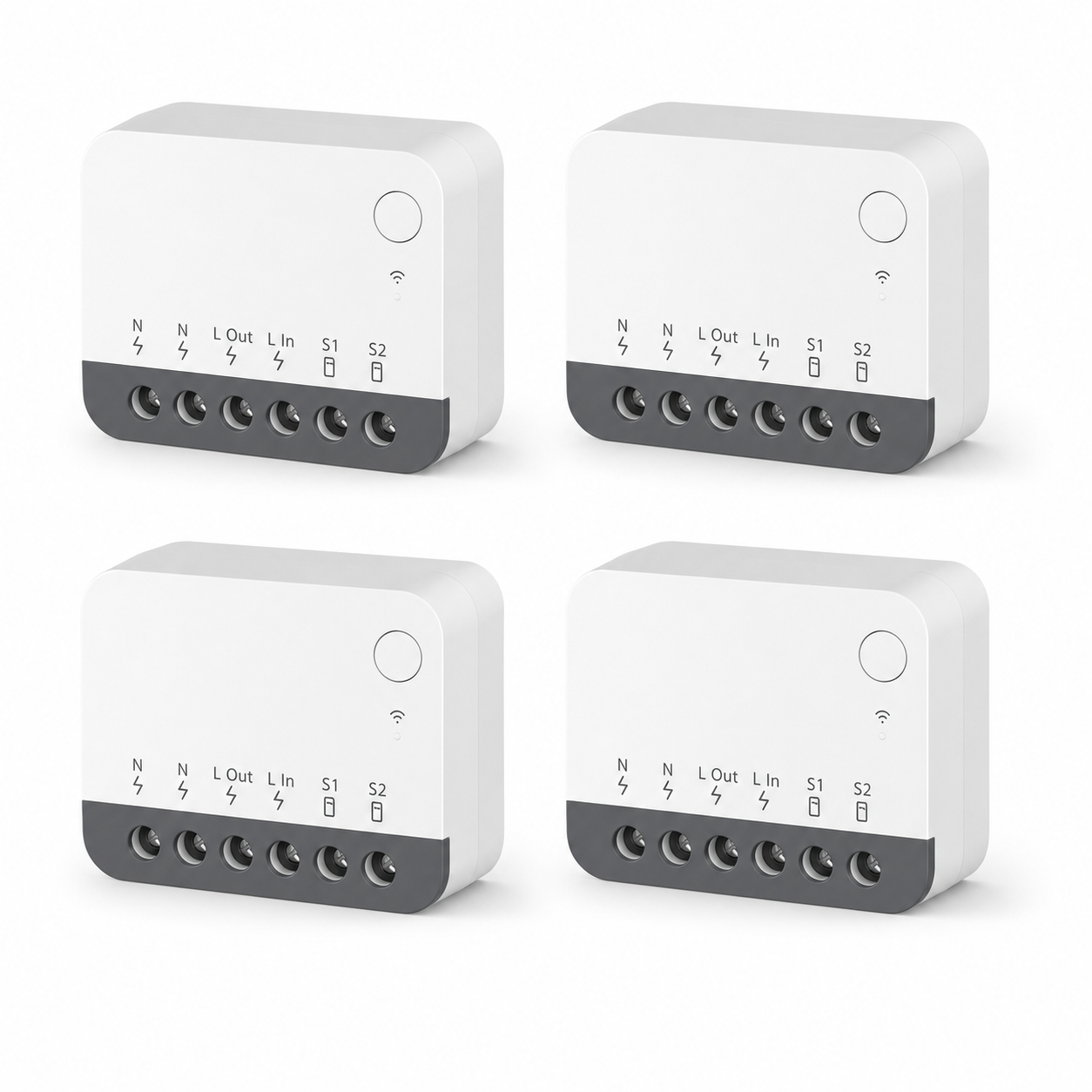 Modules relais ZigBee NéoRelay Mini R2 Pro en lot de 4 sur fond blanc