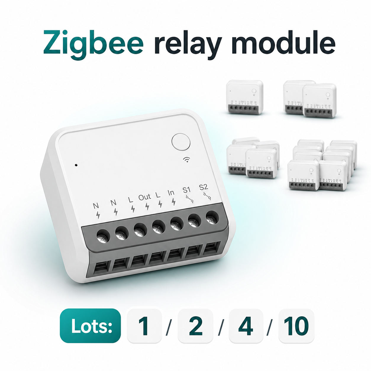 Studio overview of Zigbee mini relay module lot options 1 2 4 and 10 pieces