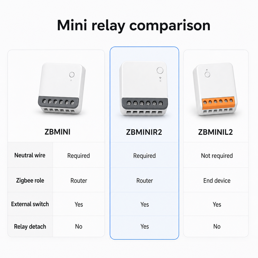 Mini relay comparison table highlighting ZBMINIR2 with neutral wire Zigbee role external switch and relay detach rows