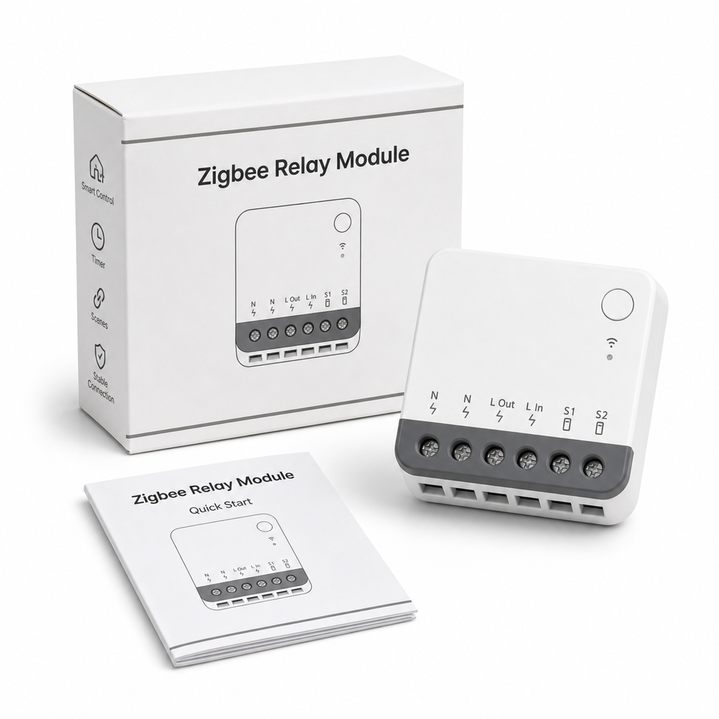 Unbranded package box quick start leaflet and compact Zigbee relay module studio image