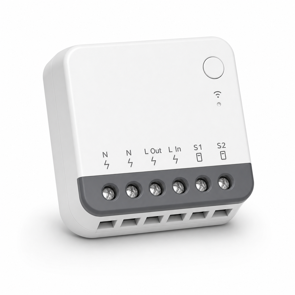 Studio packshot of one compact white Zigbee mini relay module with gray terminal strip