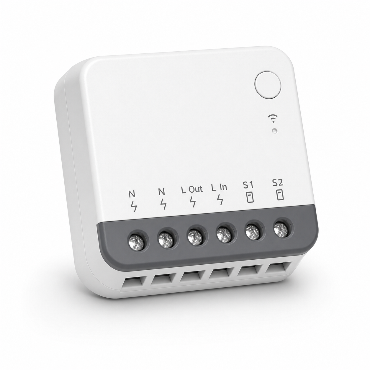 Studio packshot of one compact white Zigbee mini relay module with gray terminal strip