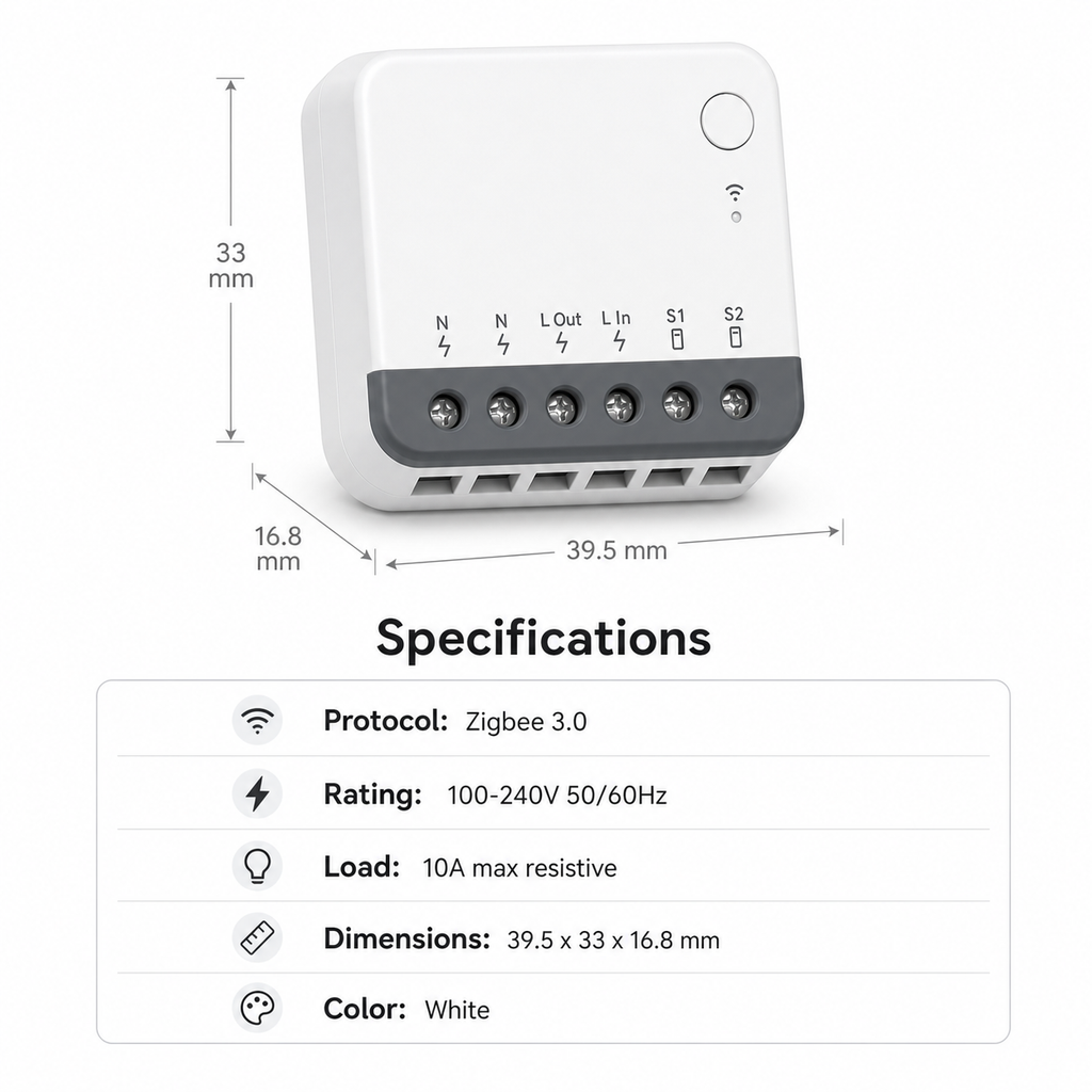 Specifications image for compact Zigbee mini relay module with rating load dimensions and color