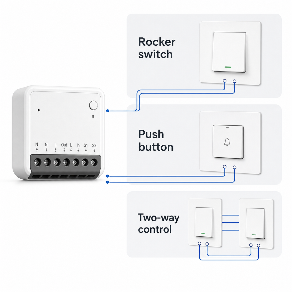 Switch type wiring overview for Zigbee mini relay module with rocker push button and two way control