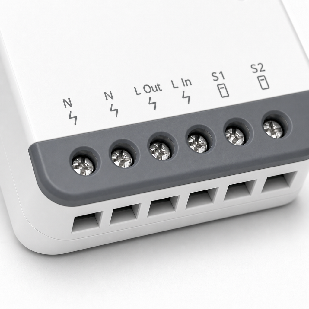 Macro detail of the gray terminal side on a compact Zigbee mini relay module