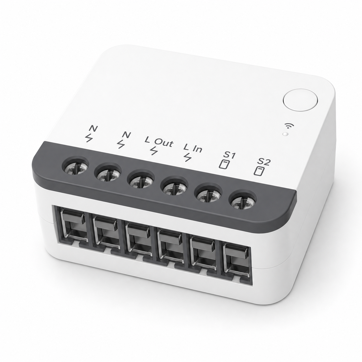 Vue des borniers du module relais ZigBee NéoRelay Mini R2 Pro sur fond blanc